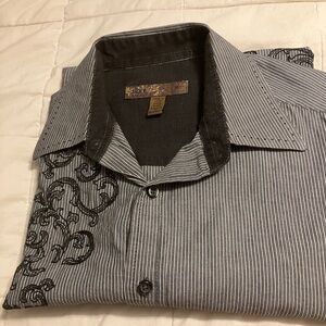 Men’s Blue Ink Medium Gray Pinstripe Button-Up Shirt Embroidered Design